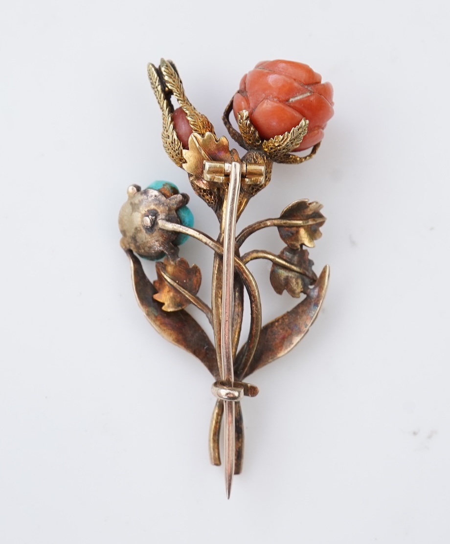 A gold, coral and turquoise brooch, circa 1840